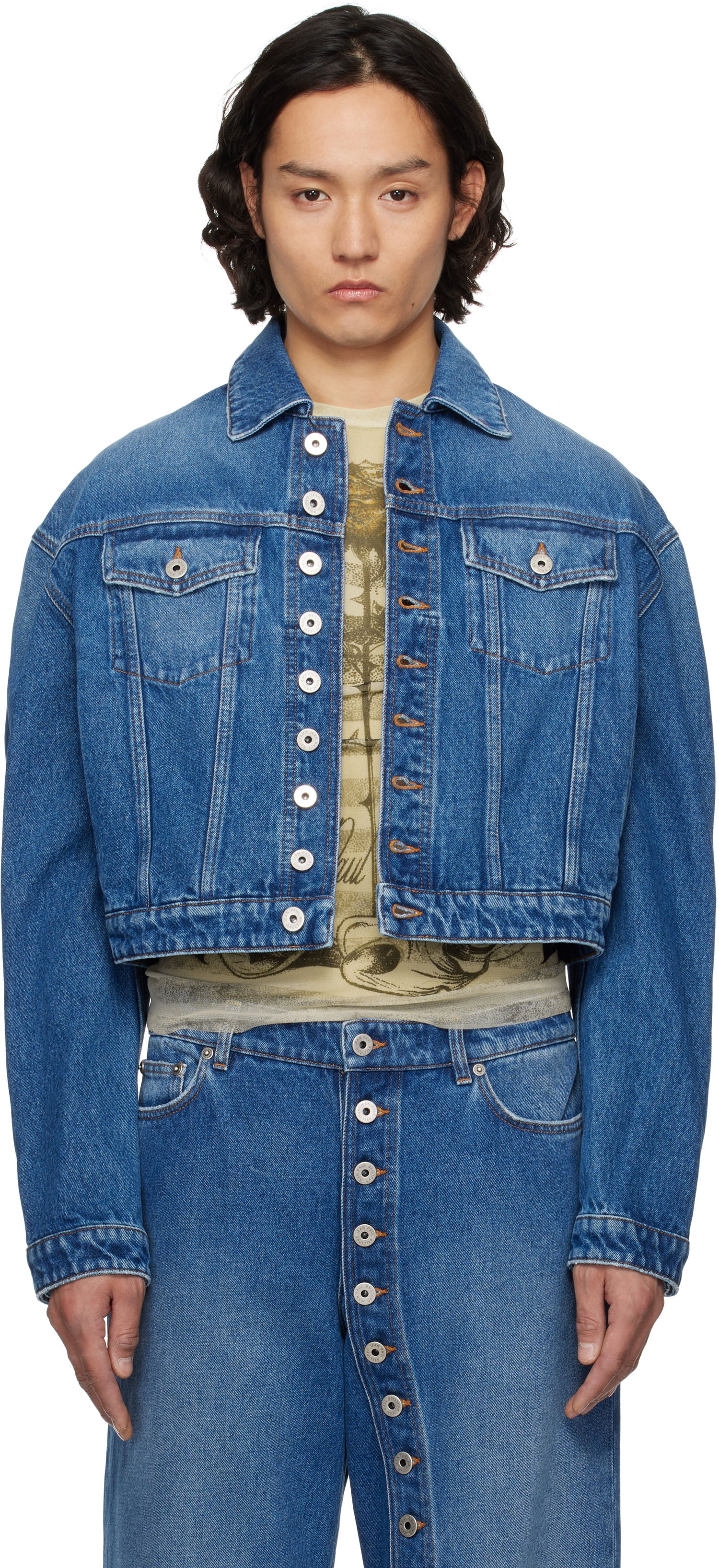 Jakke Jean Paul Gaultier Jean Paul Gaultier 'The Buttoned' Cropped Denim Jacket Blå | 25/34-U-VE092-D013-57, 0
