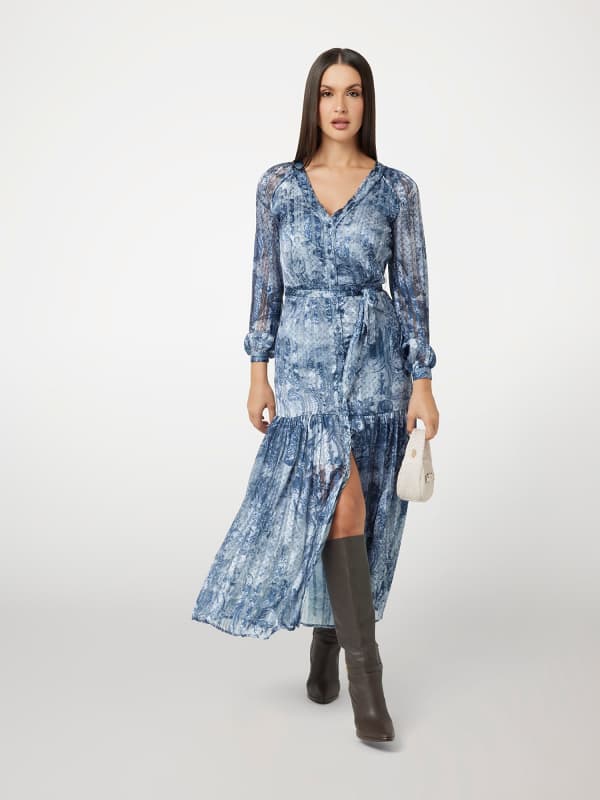 Kjole GUESS Long Georgette Dress with Front Slit Blå | W5RK77WGWV2, 0