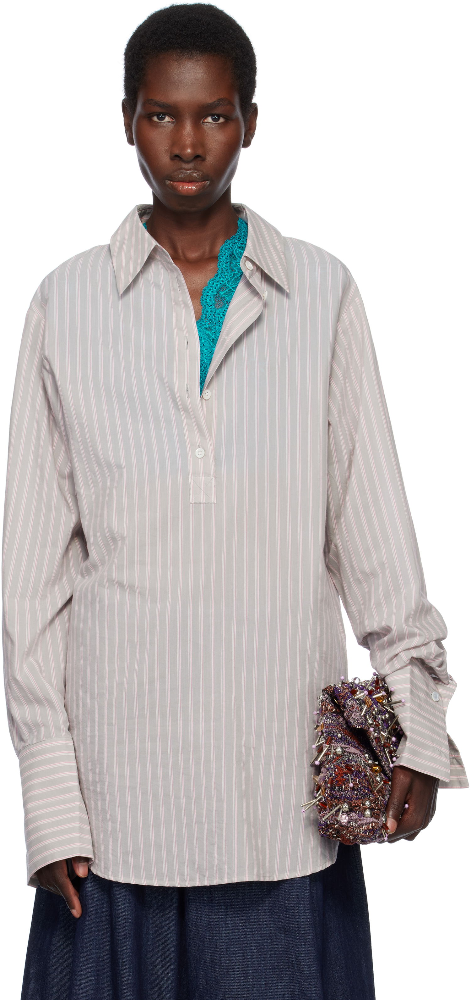Skjorte Dries Van Noten Dries Van Noten Striped Popover Shirt Grå | 251-010734-1524, 0