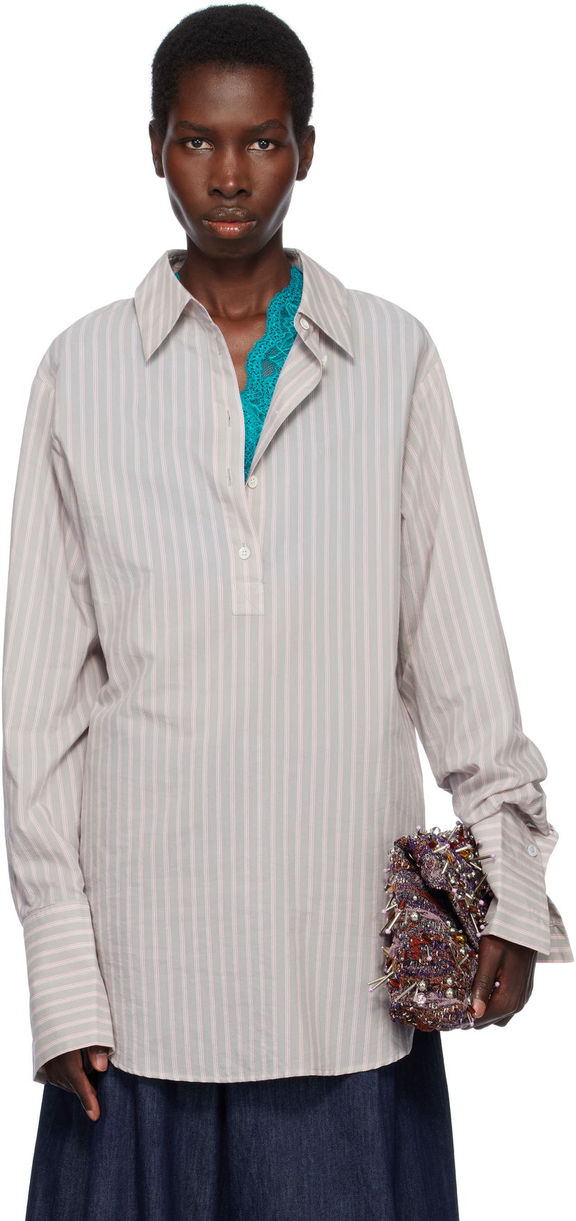 Skjorte Dries Van Noten Dries Van Noten Striped Popover Shirt Grå | 251-010734-1524