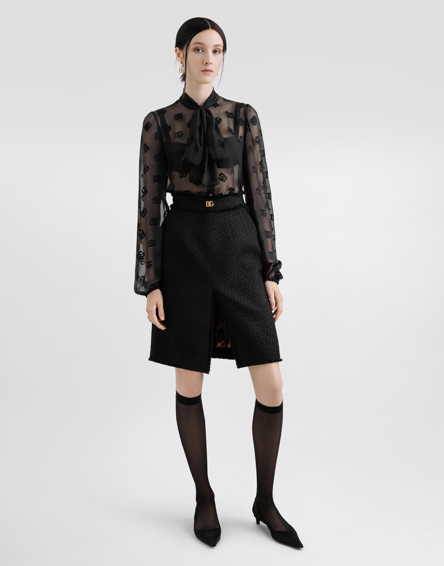 Nederdel Dolce & Gabbana Dolce & Gabbana Raschel Tweed Midi Skirt with Central Slit and DG Logo Sort | F4C2DTGDCLWN0000, 1
