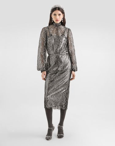 Skjorte Dolce & Gabbana High-neck Long-sleeve Lamé Lace Top with Scalloped Hem, Collection Metalisk | F7BD7TILMCFS0998, 1