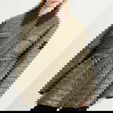 Jakke GANNI Shiny Quilted Midi Jacket with Corduroy Collar and Peplum Hem Grøn | W0965-861, 2