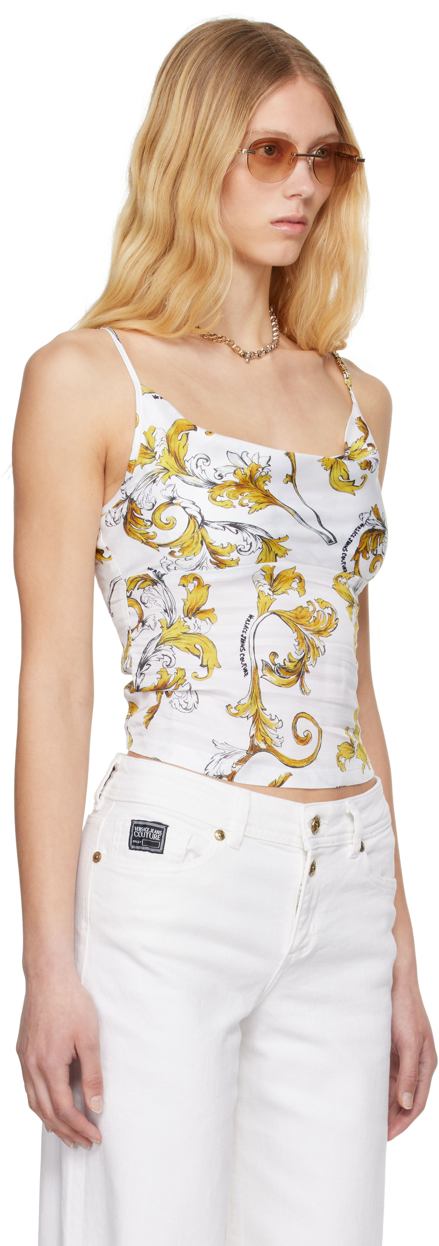 Tanktop Versace Versace Jeans Couture Outline Barocco Cowl Neck Camisole Hvid | E78HAM236_ENS639, 1