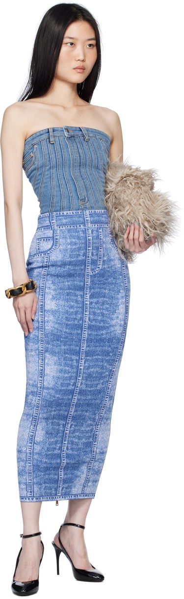 Nederdel Balmain Denim Effect Knit Midi Skirt Blå | EF1LD475KH80, 3