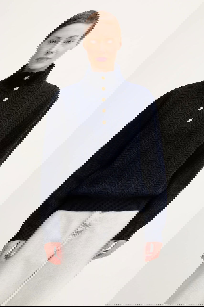 Sweater A.P.C. Thea Cable-Knit Mock Neck Button-Front Sweater Mørkeblå | WVBCZ.F23426, 0