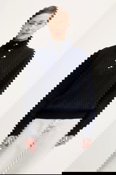 Sweater A.P.C. Thea Cable-Knit Mock Neck Button-Front Sweater Mørkeblå | WVBCZ.F23426, 0