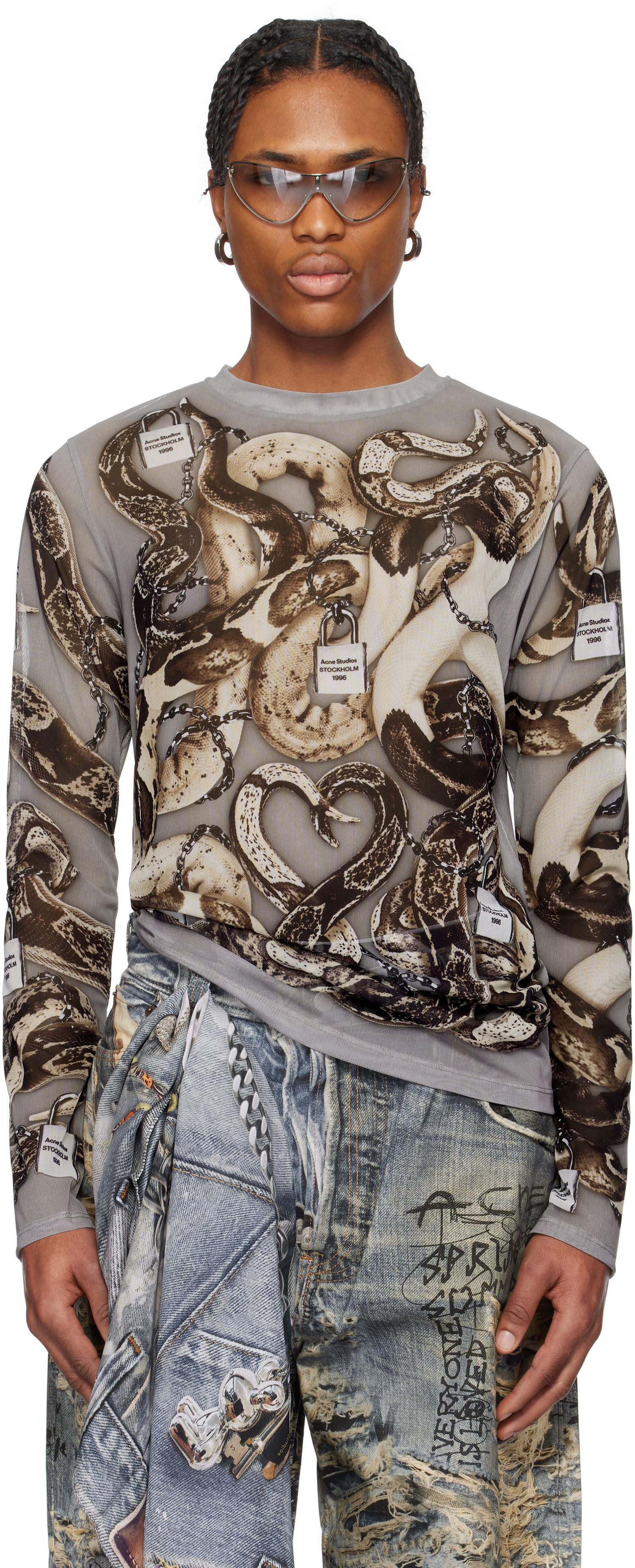 T-shirt Acne Studios Acne Studios Printed Mesh Long Sleeve T-Shirt Grå | BL0406-, 0