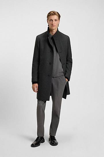 Frakker BOSS Regular-Fit Stand-Collar Wool-Blend Twill Coat Grå | 50546553, 1