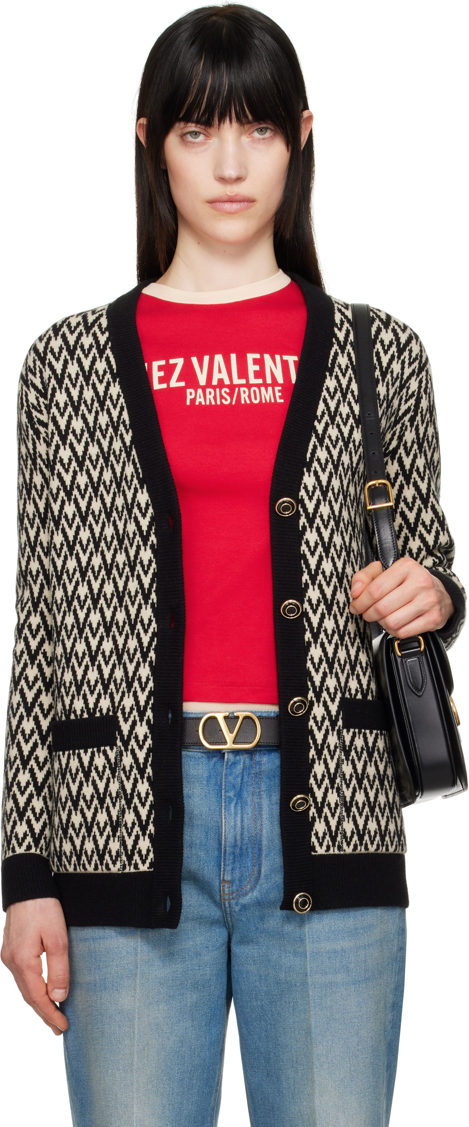 Sweater Valentino Valentino 'Toute La V' Chevron Knit Cardigan Beige | 6B3KA09A929, 0