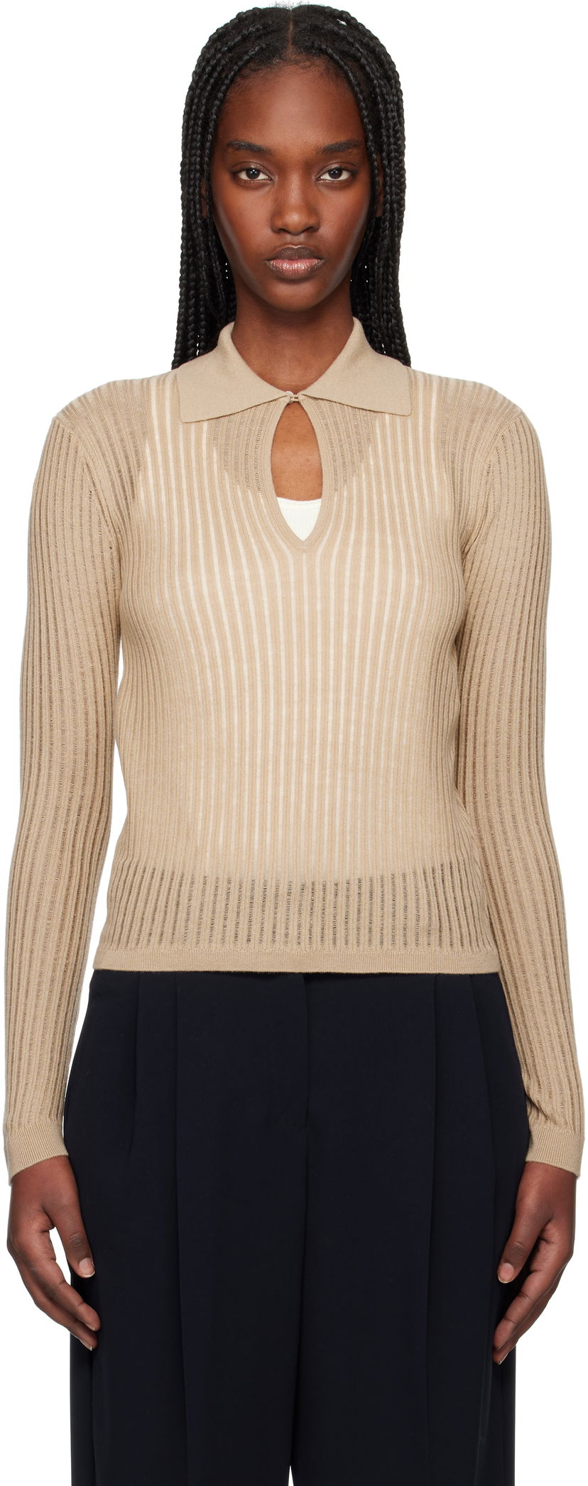 Sweater Max Mara Max Mara Ribbed Keyhole Polo Top Beige | 2516361021600