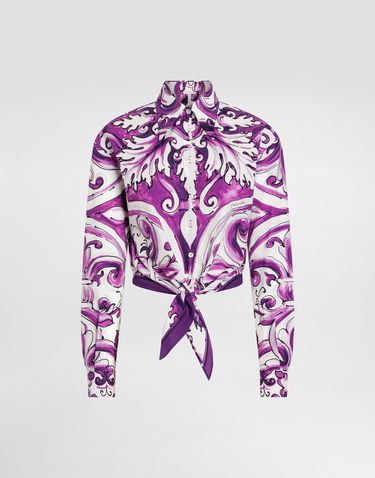 Skjorte Dolce & Gabbana Dolce & Gabbana Majolica-Print Tie-Front Poplin Shirt Lilla | F5T76TFI5JPHP5DQ, 0