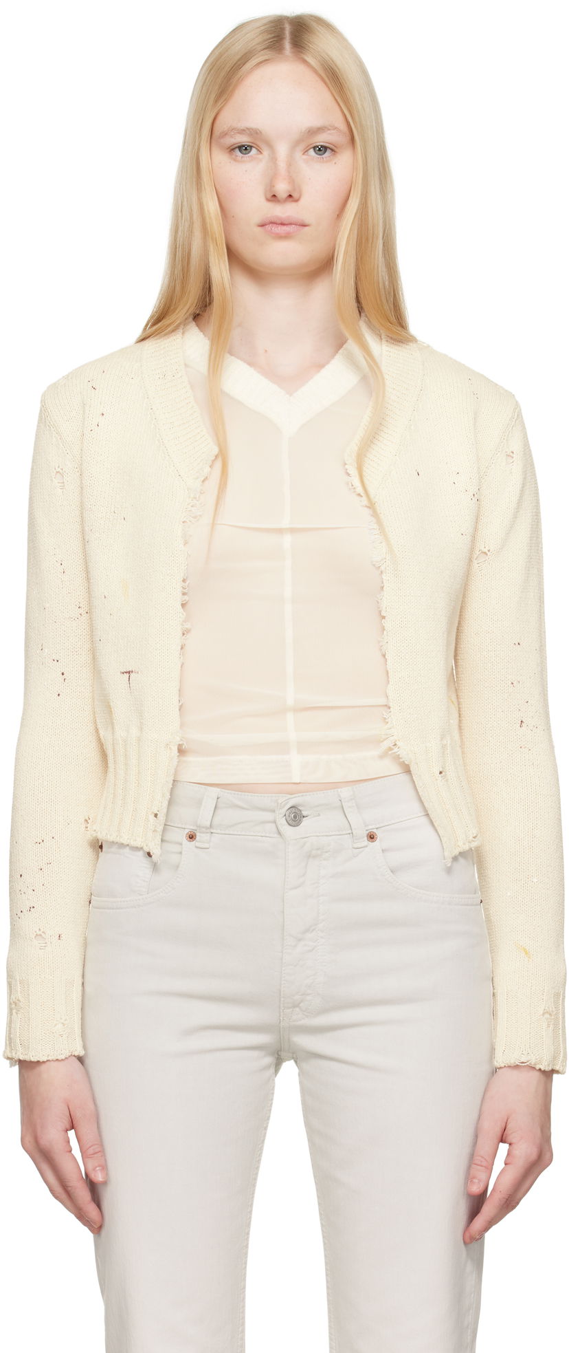 Sweater Maison Margiela MM6 Maison Margiela Paint Knit Cropped Cardigan Hvid | S62HP0027 M13123