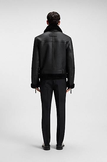 Jakke BOSS Aviator Leather Jacket with Shearling Trims and Belted Waist Sort | 50546494, 1