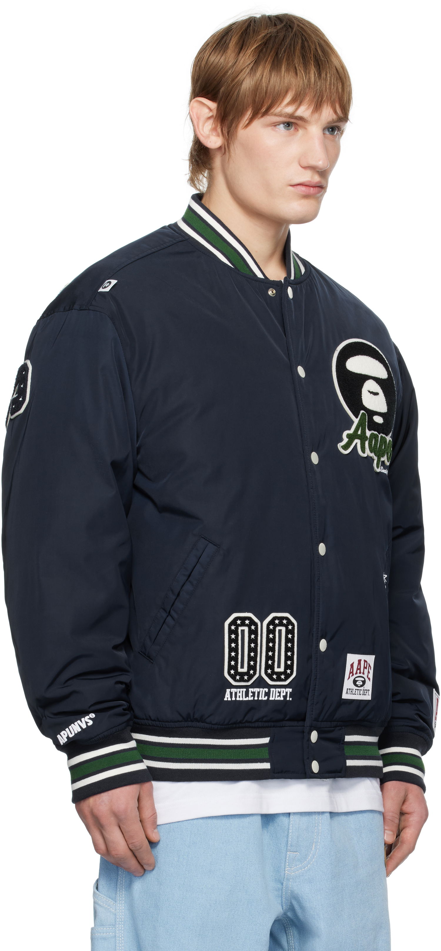 Bomberjakke AAPE by A Bathing Ape AAPE By A Bathing Ape Moonface Logo Varsity Jacket Mørkeblå | AAPJKM7676XXNNYD, 1