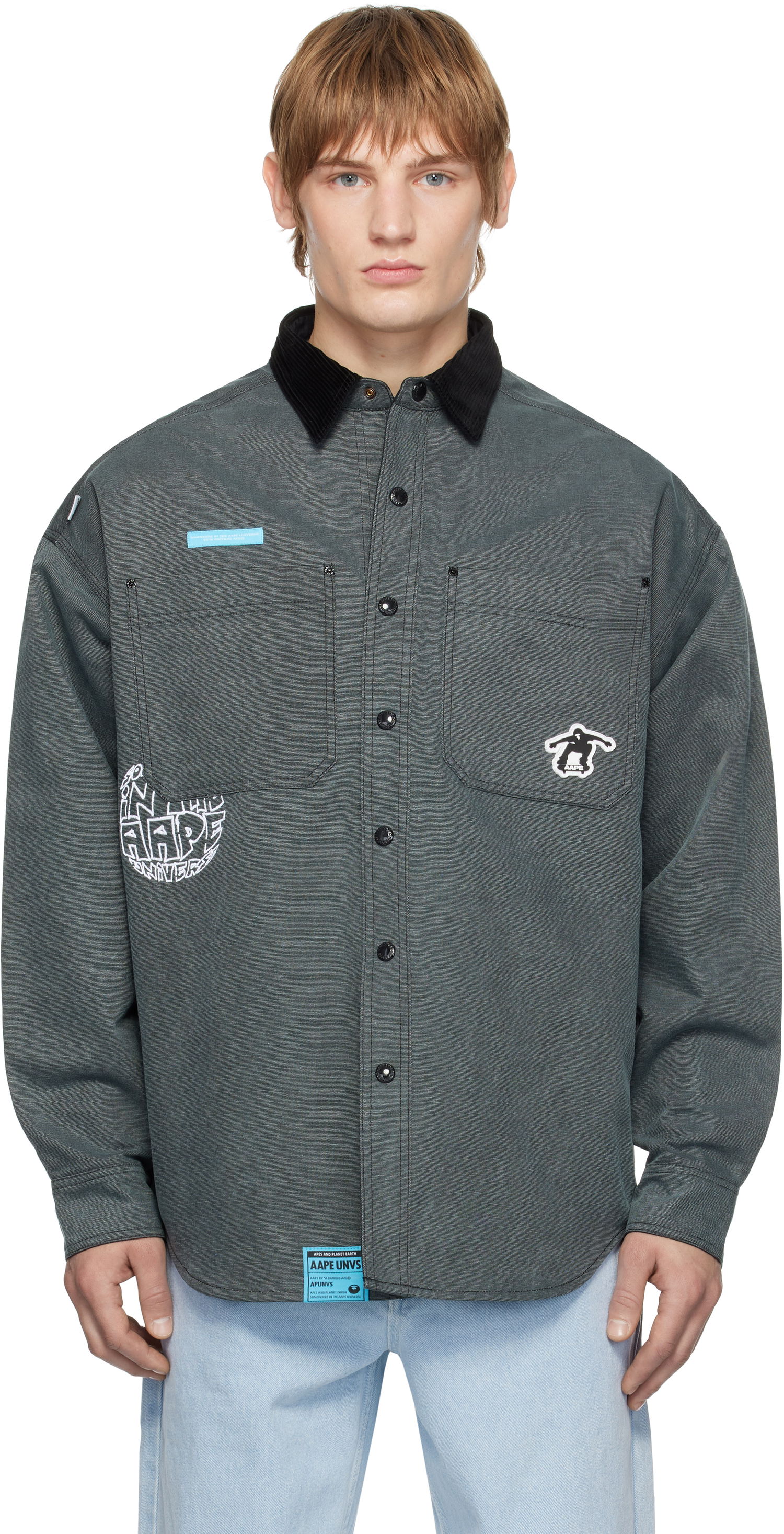 Skjorte AAPE by A Bathing Ape AAPE by A Bathing Ape Reversible Logo Button Down Shirt Grå | AAPSTM8502XXNBKL, 0