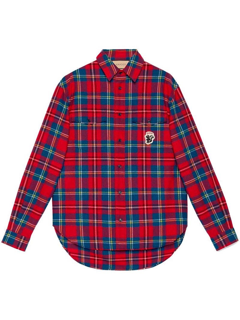 Skjorte Gucci Tartan Skunk-Patch Shirt Red Rød | 720960 ZAK7U 6499