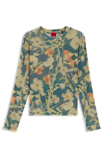 T-shirt BOSS Floral Print Stretch-Mesh Top Flerfarvet | 50542422, 0