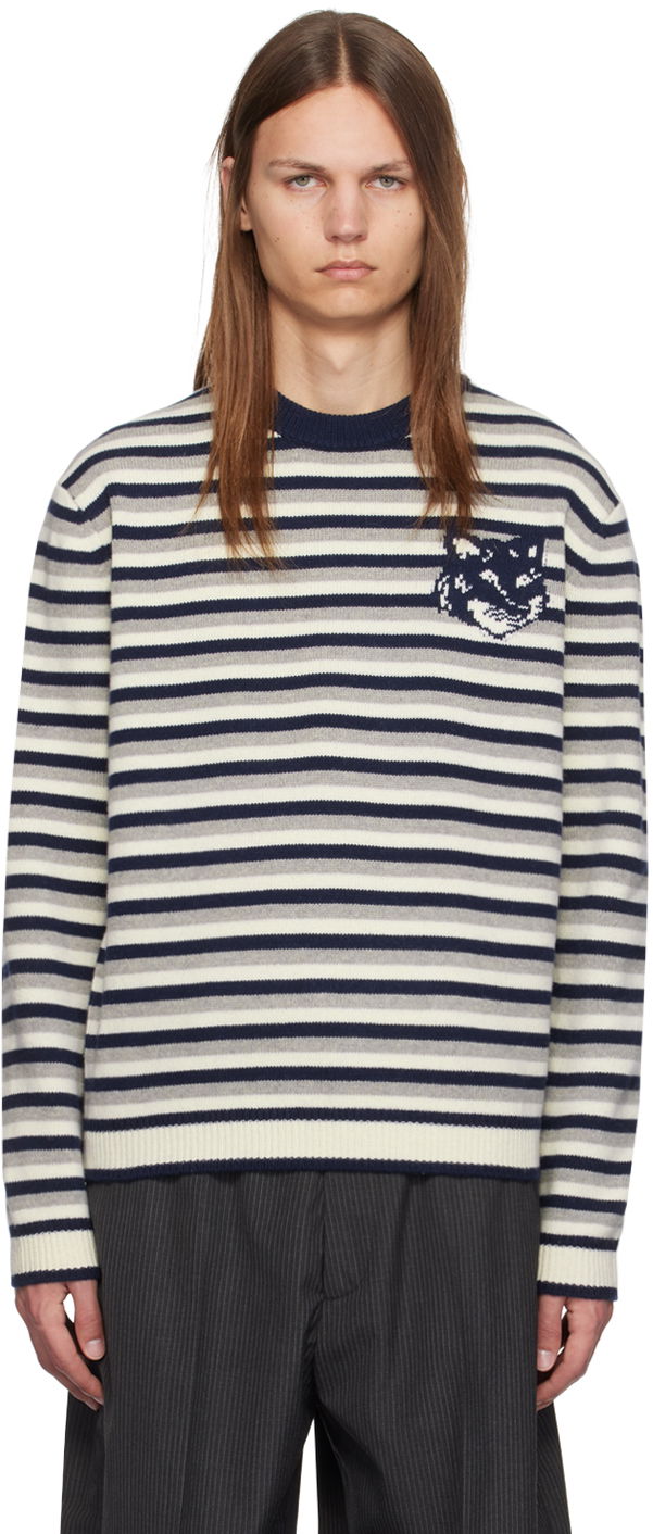 Sweater MAISON KITSUNÉ Striped Fox Head Intarsia Sweater Blå | NM00802KM0329