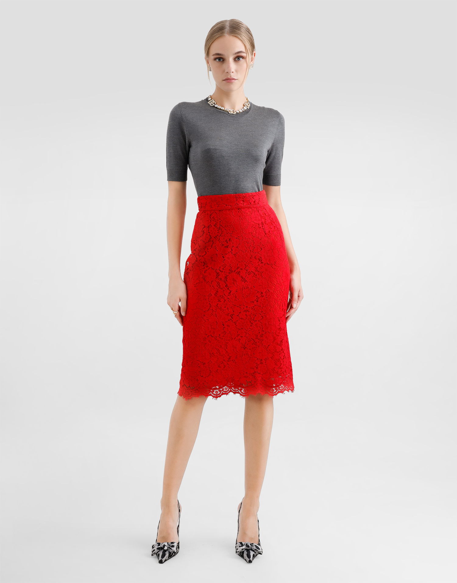 Nederdel Dolce & Gabbana Lace Midi Pencil Skirt Rød | F4C2MTHLMIIR0026, 1