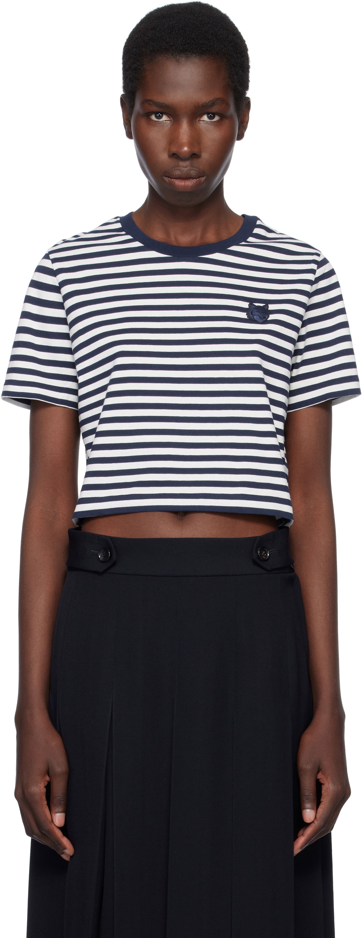 Crop top MAISON KITSUNÉ Maison Kitsuné Fox Head Patch Striped Cropped T-Shirt Mørkeblå | OW00110KJ0008, 0