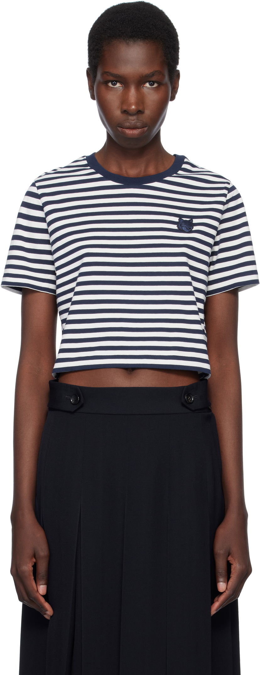 Crop top MAISON KITSUNÉ Maison Kitsuné Fox Head Patch Striped Cropped T-Shirt Mørkeblå | OW00110KJ0008