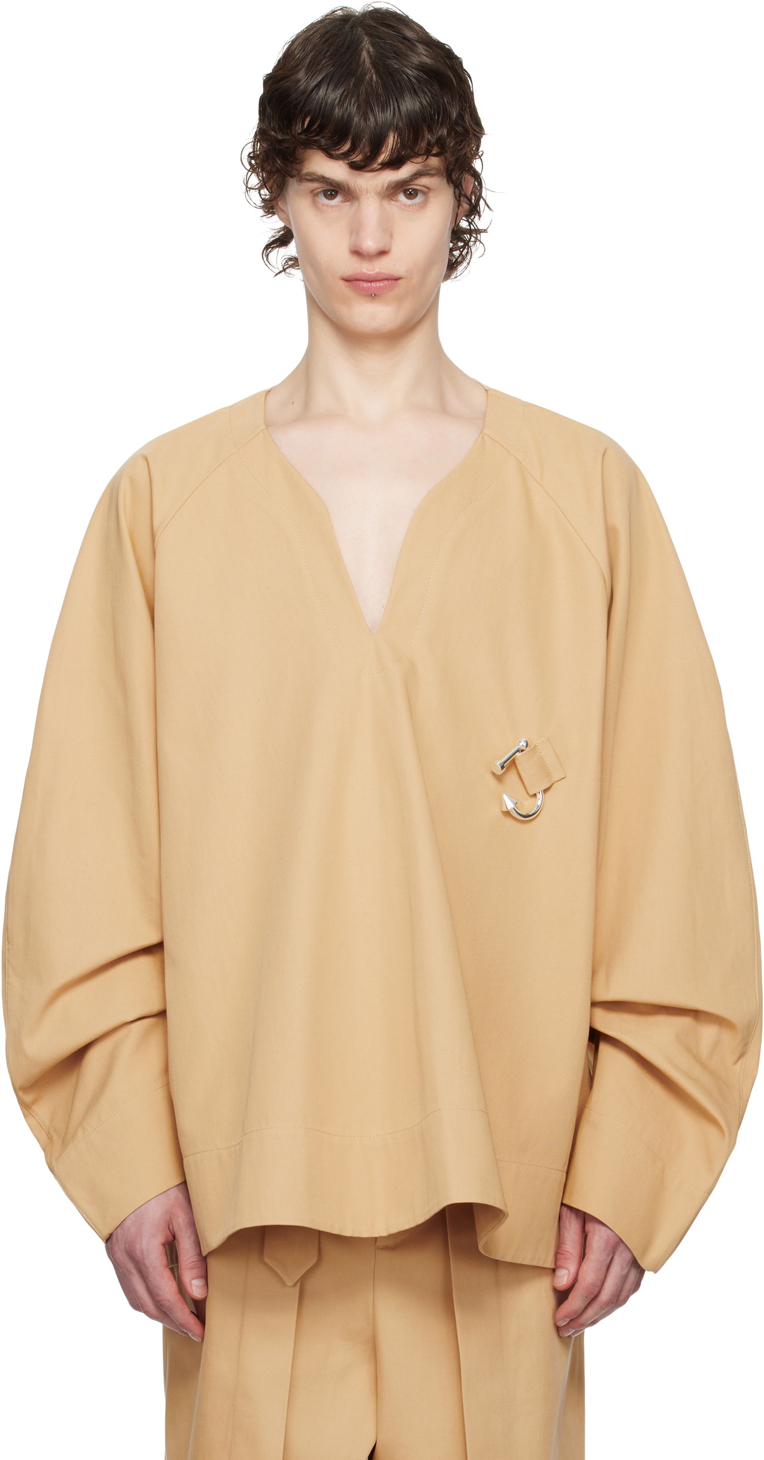 Skjorte JW Anderson JW Anderson Oversized V-Neck Gathered Sleeve Top Beige | TP0348-PG1713, 0