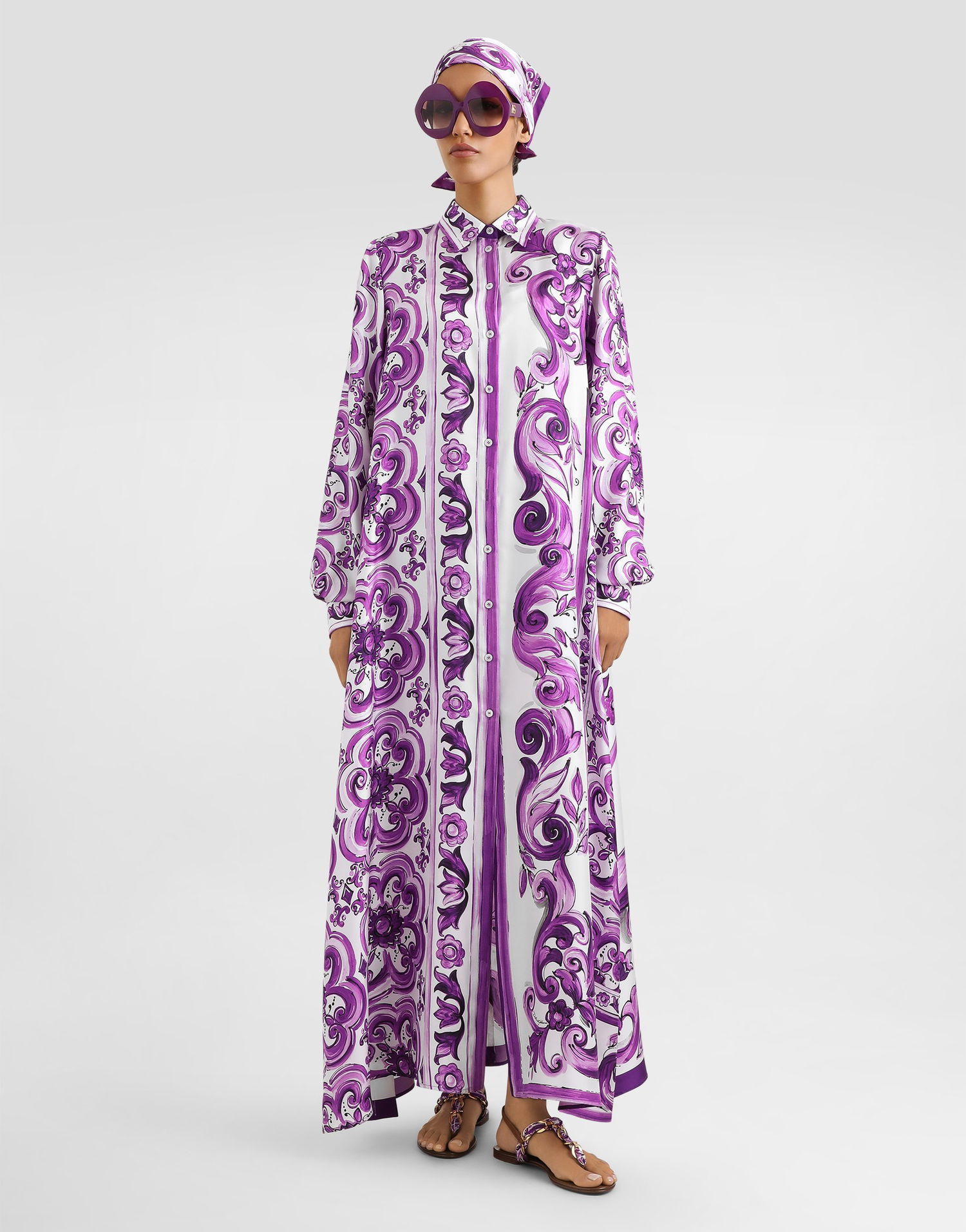 Kjole Dolce & Gabbana Dolce & Gabbana Majolica-Print Twill Shirt Dress Lilla | F6TYQTHI1TKIP3TN, 1