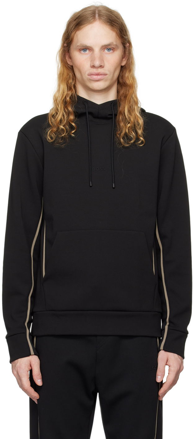 Sweatshirt BOSS Logo-Embossed Hoodie Sort | 50523905