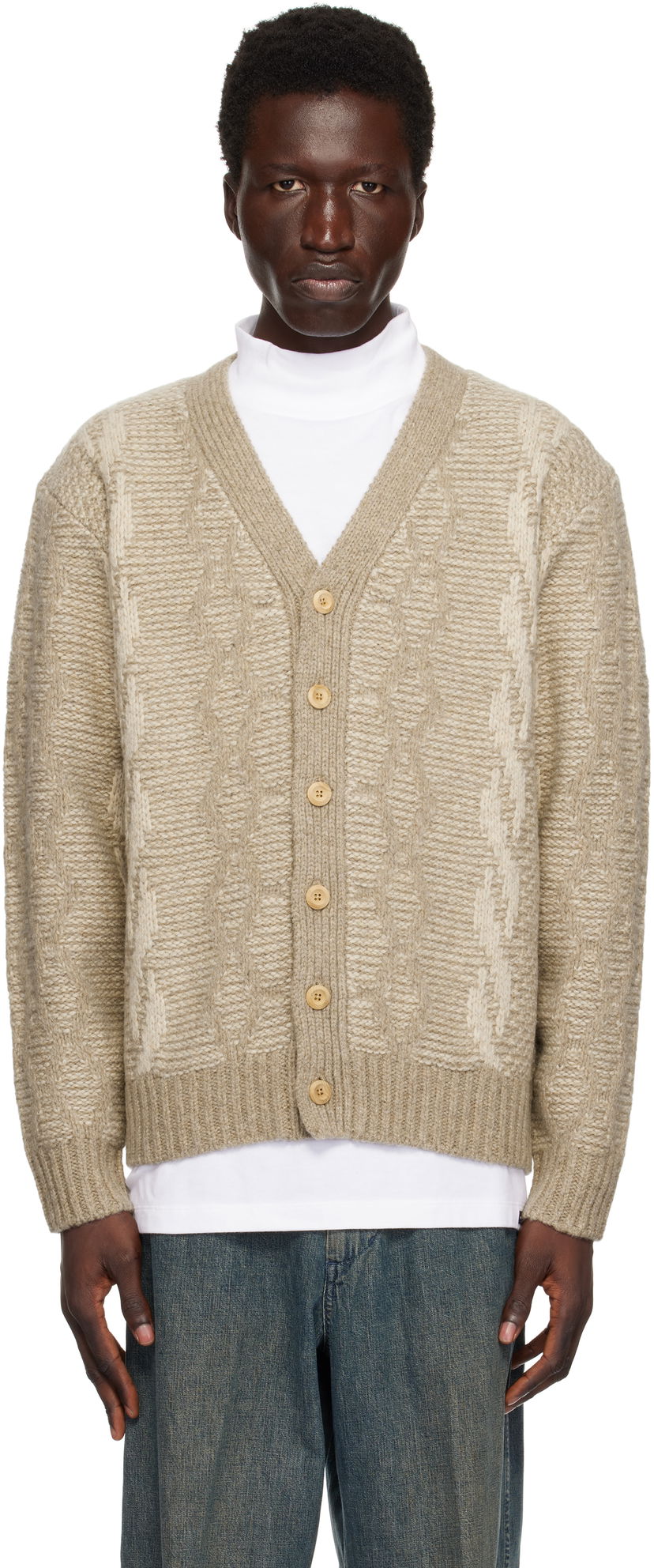 Sweater BEAMS BEAMS PLUS Heavy Cable Pattern Cardigan Beige | 38150206156
