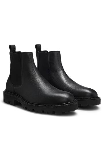 Frakker BOSS Grained Leather Chelsea Boots with Lug Sole Sort | 50552573