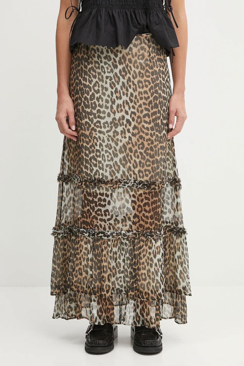 Nederdel GANNI GANNI Printed Viscose Chiffon Long Ruffle Maxi A-Line Skirt Brun | W0435