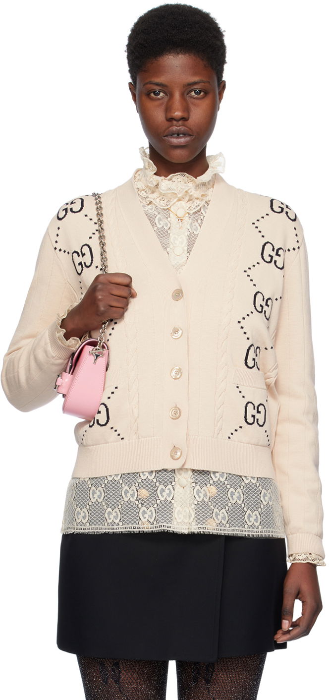 Sweater Gucci Intarsia Cardigan Beige | 742989 XKC6F, 0