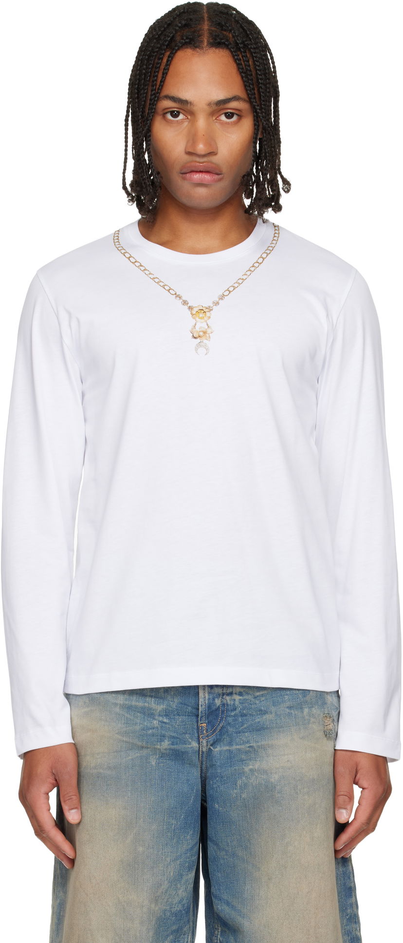 T-shirt Marine Serre Marine Serre Trompe L'Œil Jewelry Jersey LS T-Shirt Hvid | MTT076ACJER0092
