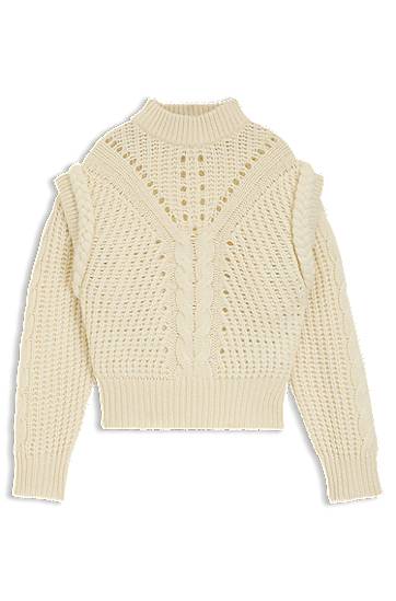 Sweater BOSS Structured Cable and Openwork Knit Mock Neck Sweater with Alpaca and Virgin Wool Hvid | 50548951