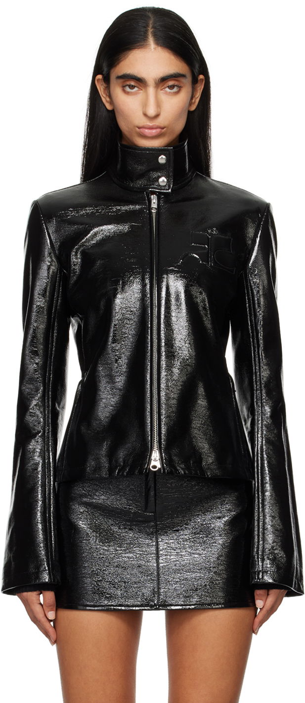 Bomberjakke Courrèges Embossed-Logo Patent Leather Jacket Sort | 324CBL194VY0014