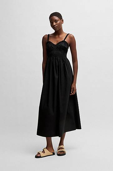 Kjole BOSS Ruched Bodice Cotton-Poplin Midi Dress Sort | 50537919, 1