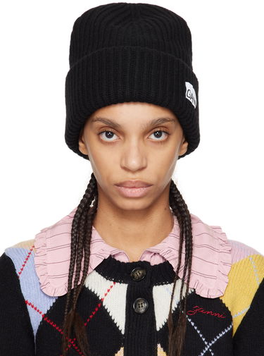 Beanie GANNI Structured Rib Beanie Sort | 5714667416047, 4