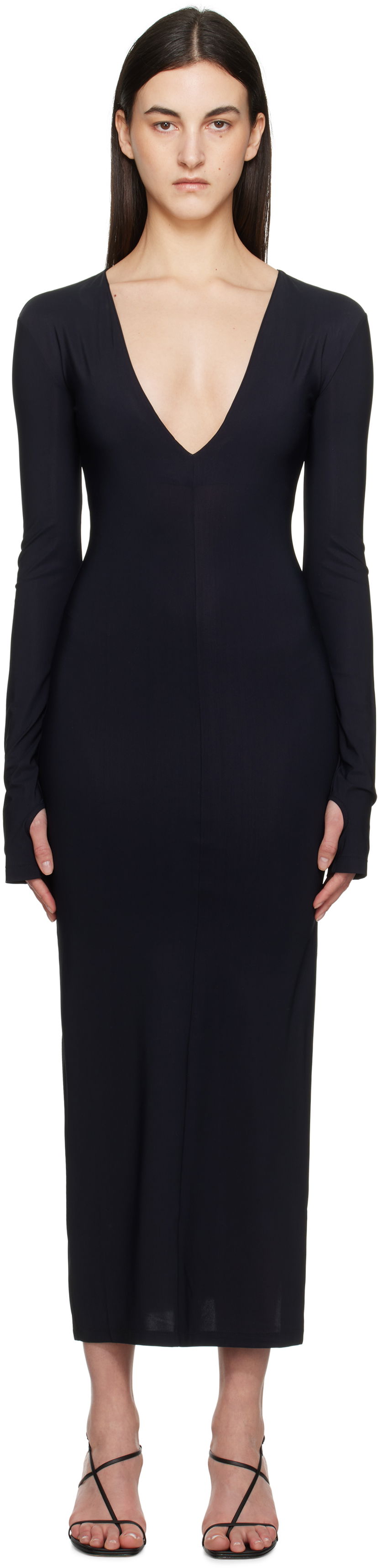 Kjole Maison Margiela MM6 Maison Margiela Jersey Plunge Maxi Dress Mørkeblå | S52DG0026 S20518