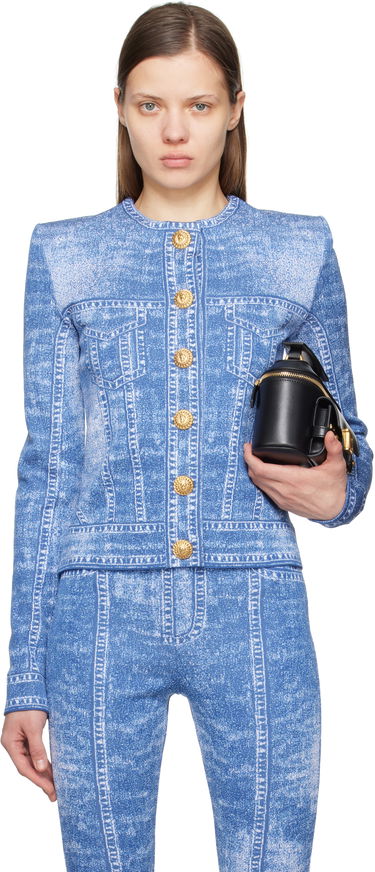 Træningsdragt Balmain Balmain Jacquard Knit Denim Cardigan Blå | EF1KL220KH80, 0