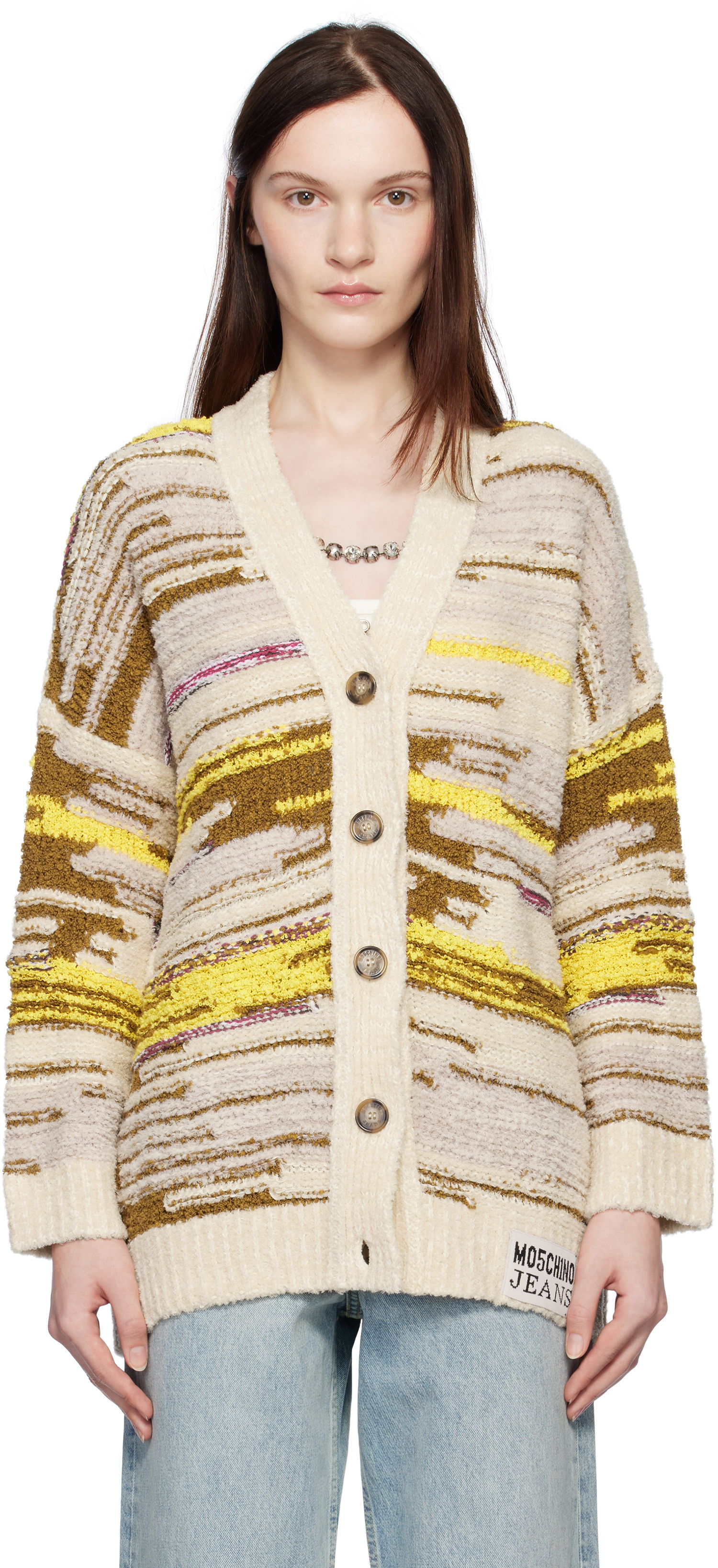 Sweater Moschino Jeans Striped Knit Cardigan Beige | 251K10681, 0