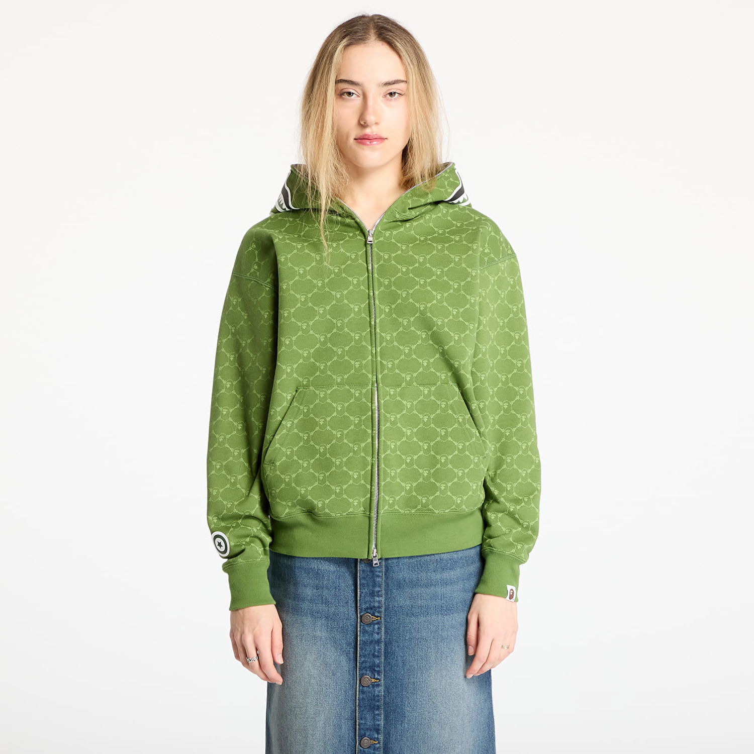Sweatshirt BAPE A BATHING APE College Monogram Relaxed Fit Shark Full Zip Hoodie Grøn | 001ZPL301314MGRN, 1