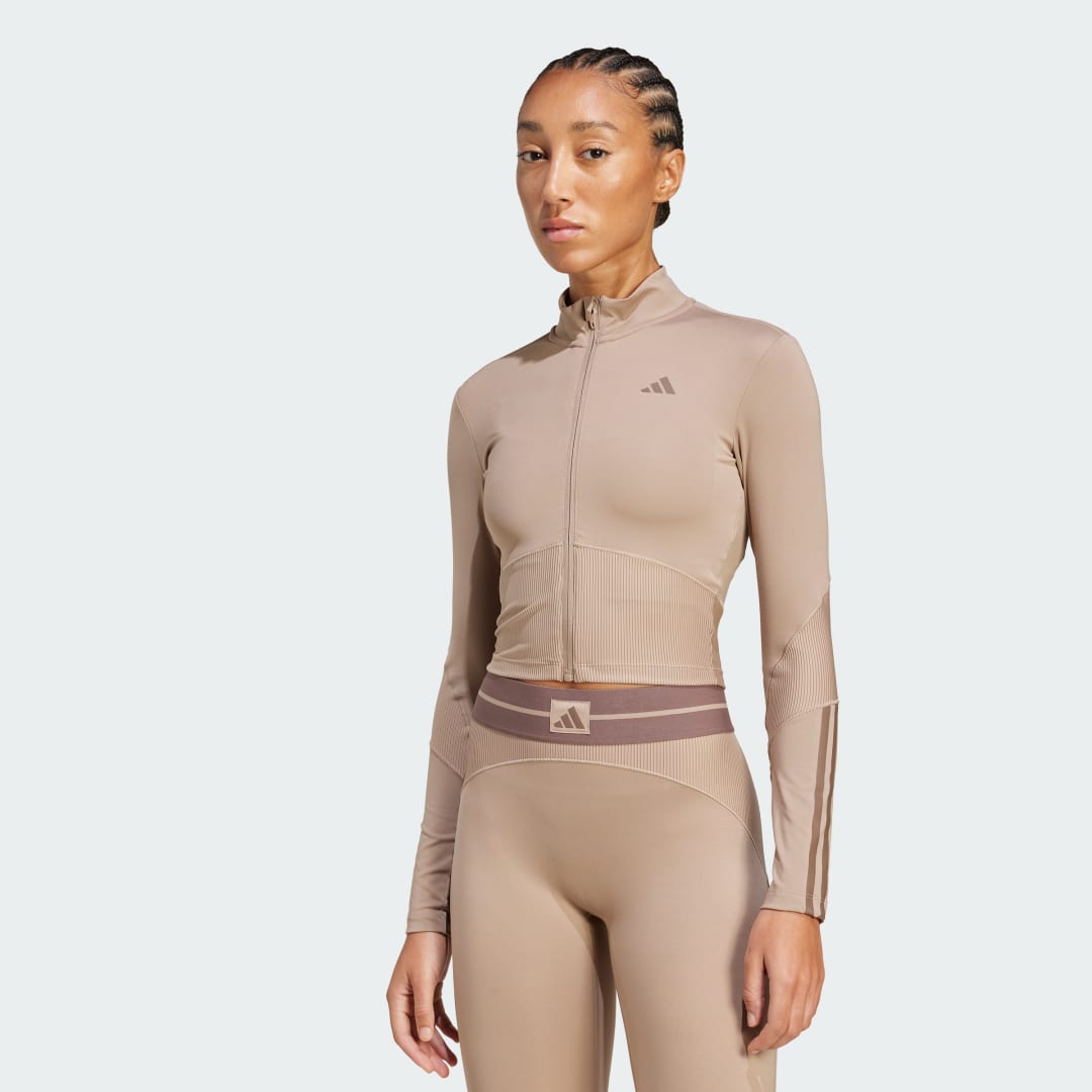 Crop top adidas Performance Hyperglam Rib Zip Thru Top Beige | JY2093, 0