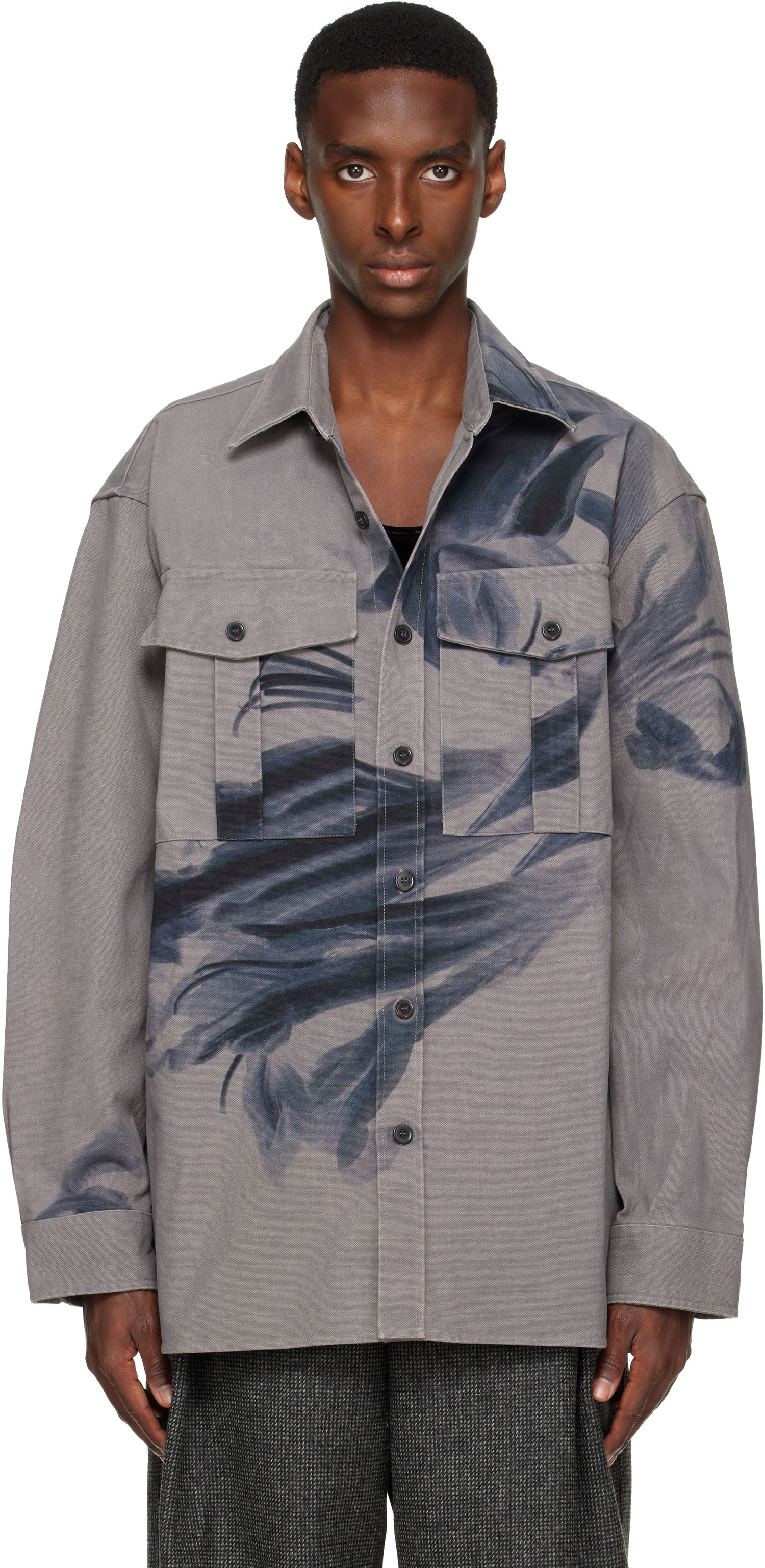 Skjorte Dries Van Noten Dries Van Noten Abstract Leaf Print Oversized Cotton Shirt Grå | 252-020768-2368, 0