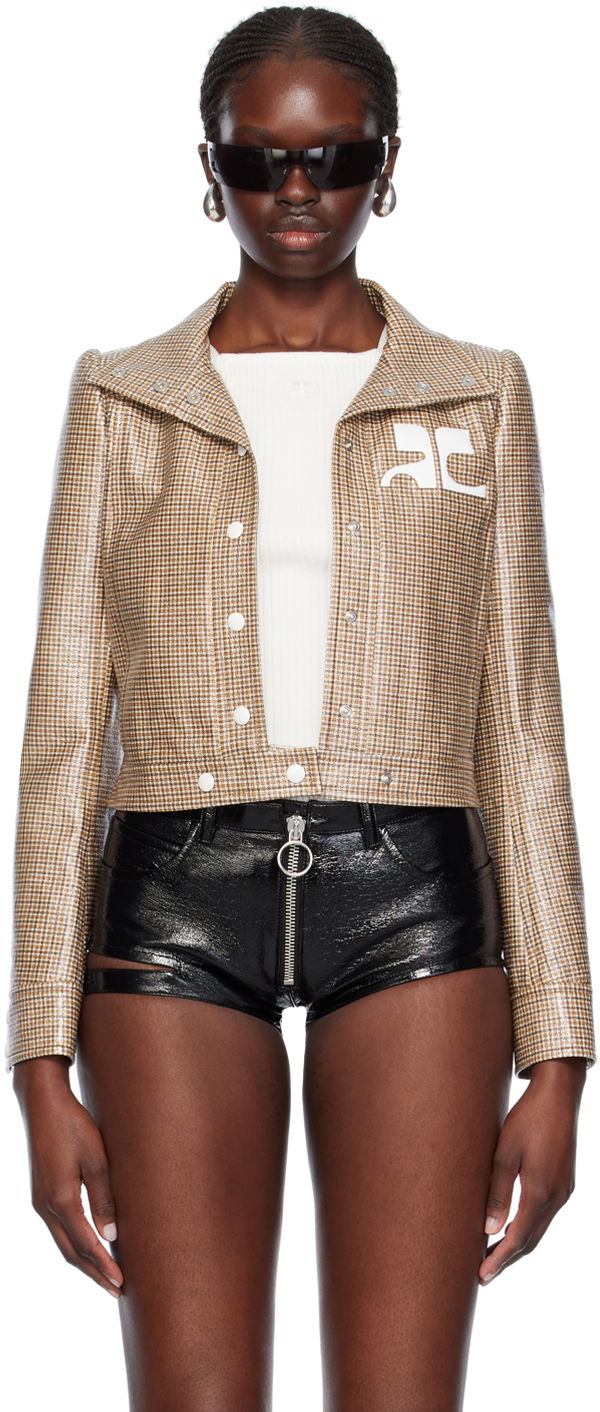Jakke Courrèges Cropped Check Print Buttoned Jacket Brun | 124CBL005PR0042
