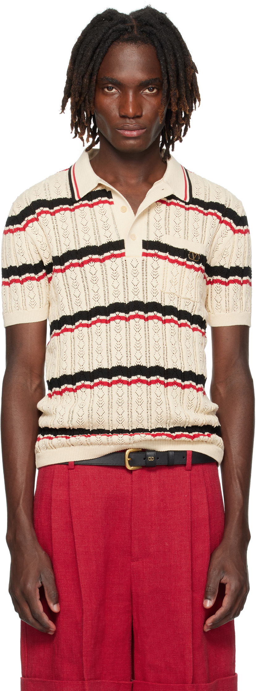 Polo skjorte Valentino Valentino Striped Knit Polo Beige | 7V3KP03XB0S