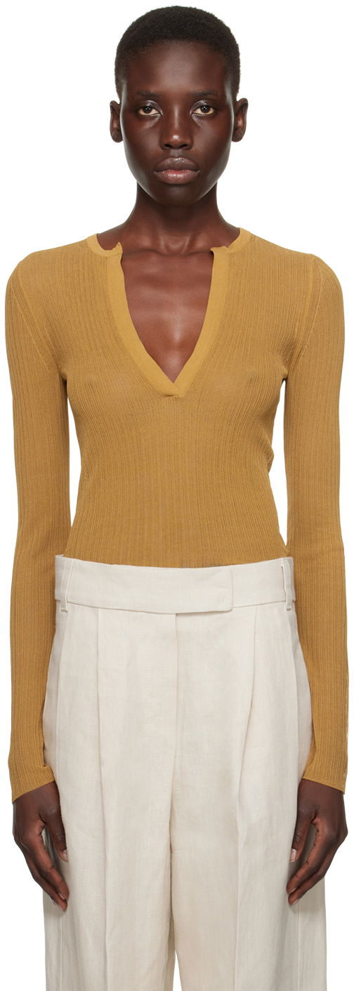 Sweater Max Mara Ribbed Knit V-Neck Sweater Brun | 2411361053600006