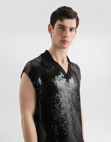 Polo skjorte Dolce & Gabbana Dolce & Gabbana Men's Sequined Sleeveless Polo Sort | G8ST8TFLSEPN0000, 3