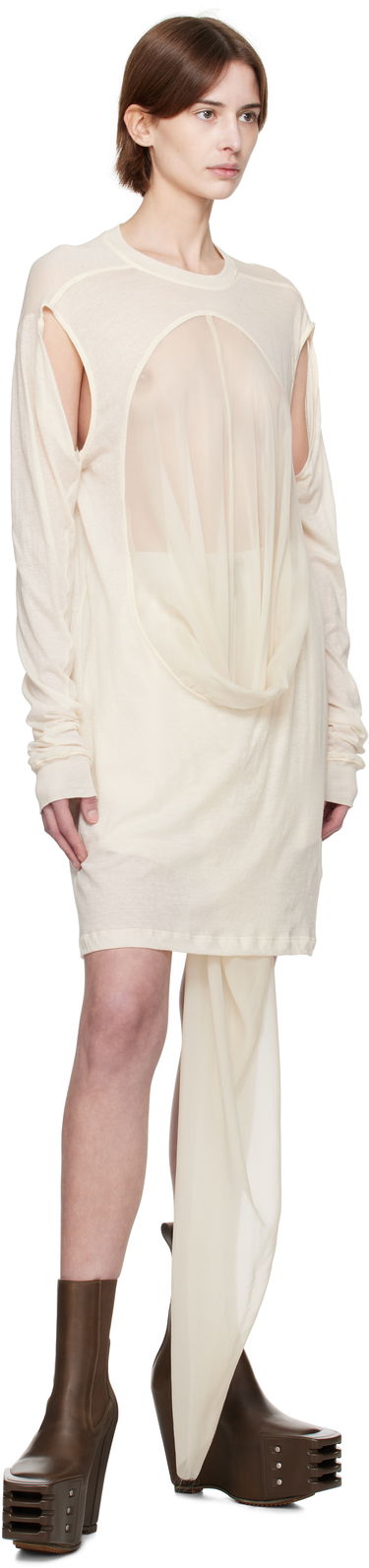 Kjole Rick Owens Rick Owens Draped Long Sleeve T-Shirt Beige | RP01E7205 UCS, 3