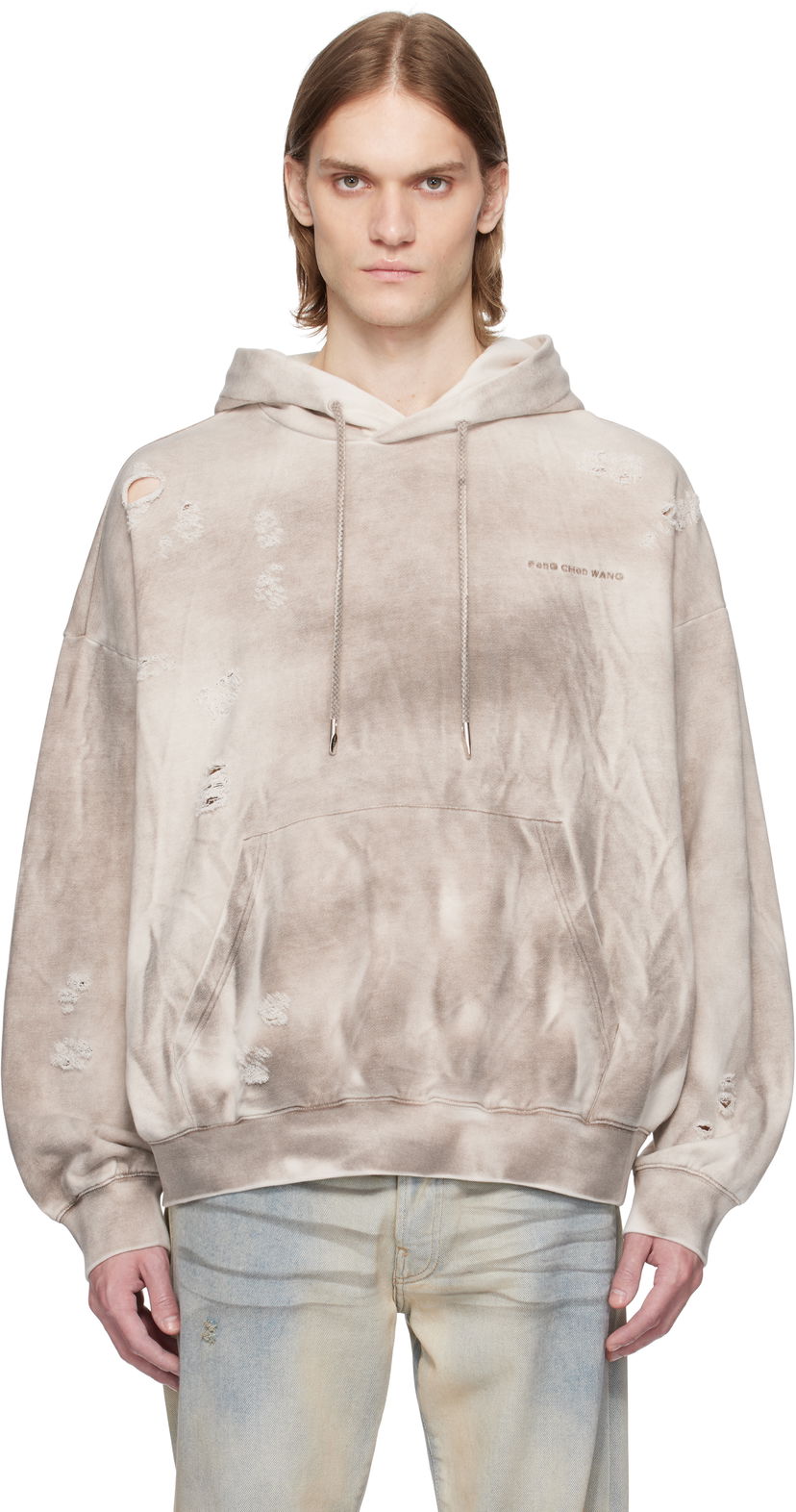 Sweatshirt Feng Chen Wang Feng Chen Wang Sandwashed Ripped Hoodie Beige | FUS19HD03